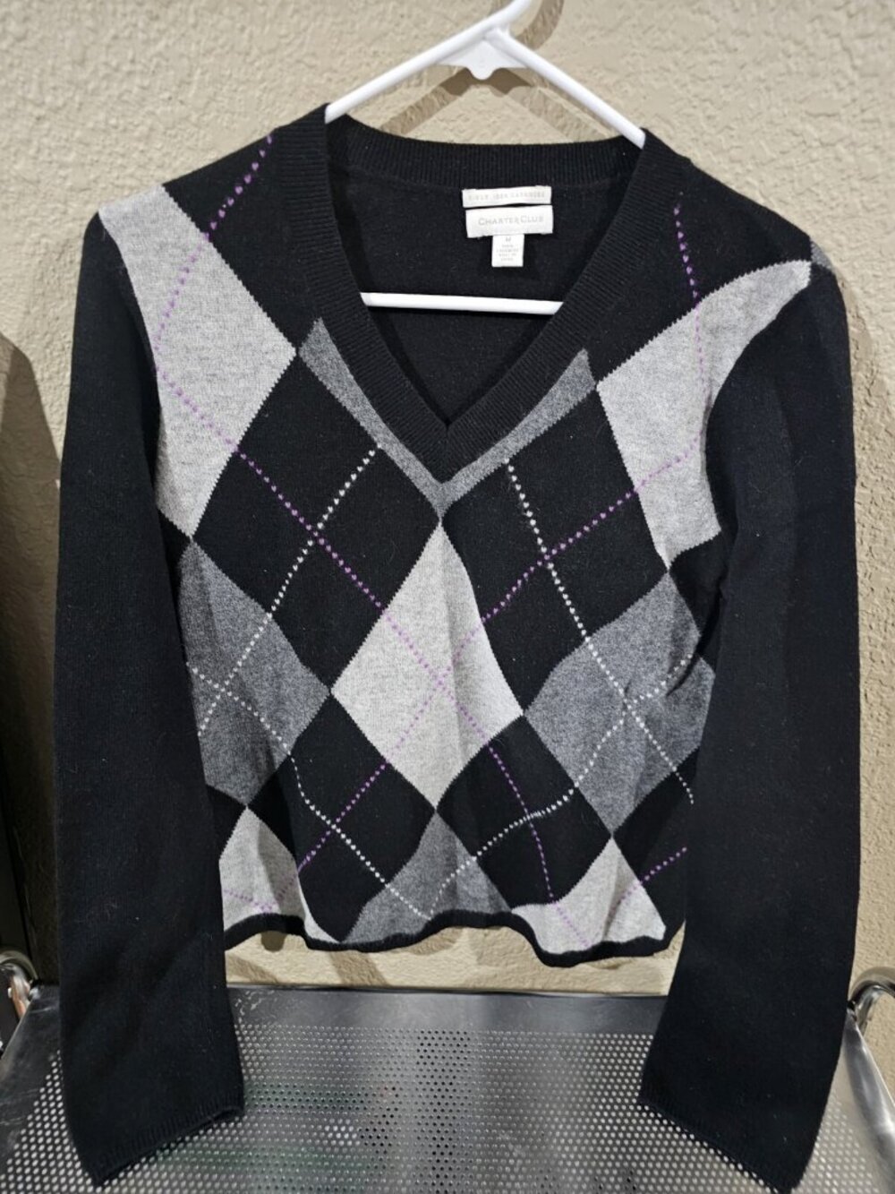 Charter Club 100% Cashmere Sweater Gray Black Preppy Women's Size Medium